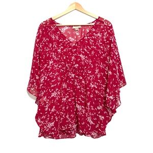 Loft Red Floral Sheer Lightweight Kaftan Top Size Medium Summer Casual Flowy